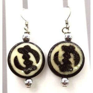Round Dangle Earrings, Cream & Brown Colored Silver Tone Bead Accent